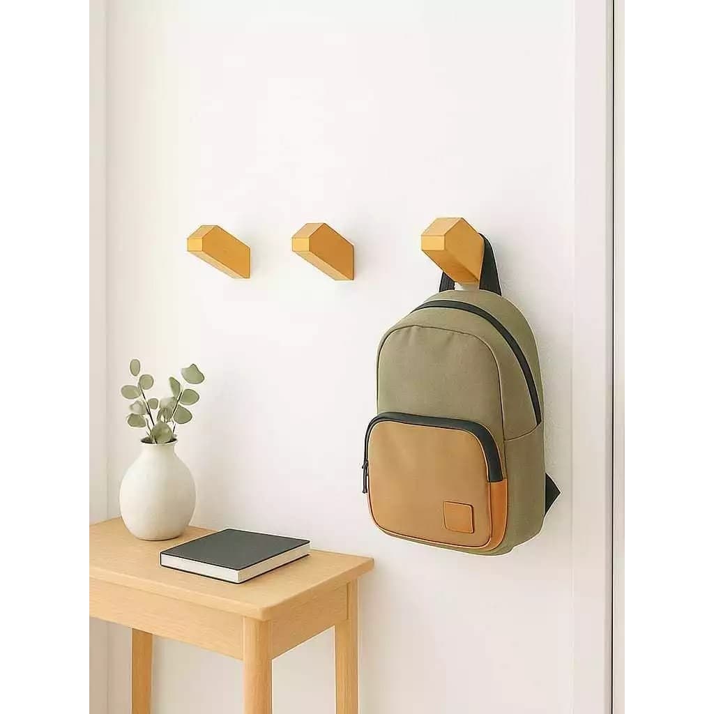 Gancho Prisma de Madeira Natural Para Parede Kit com 3 Peças