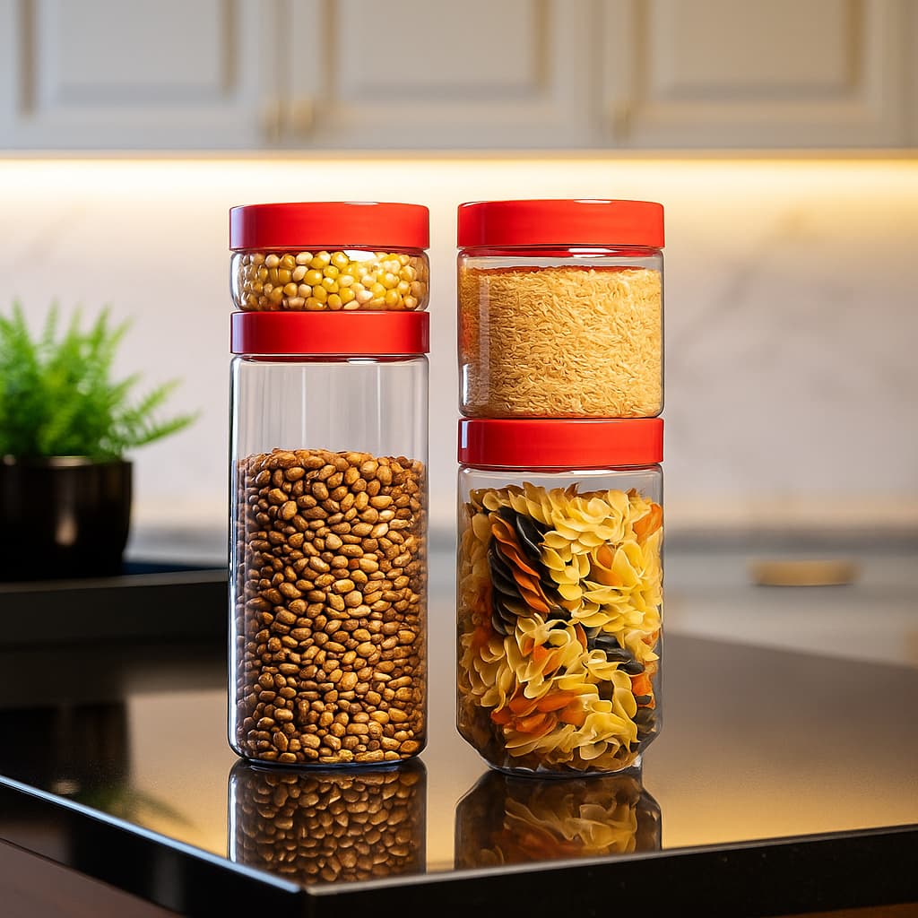 Kit 4 Potes Organizadores Conecta com Tampa – 300ml 600ml 900ml 1.2L – Plástico BPA Free Empilhável