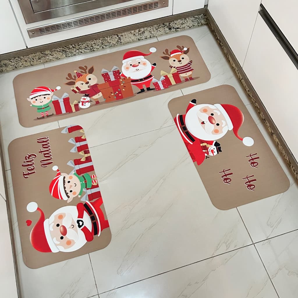 Kit Jogo 3 Peças de Tapete para Cozinha Natalino NATAL Papai Noel e Duende Antiderrapante Dcorô