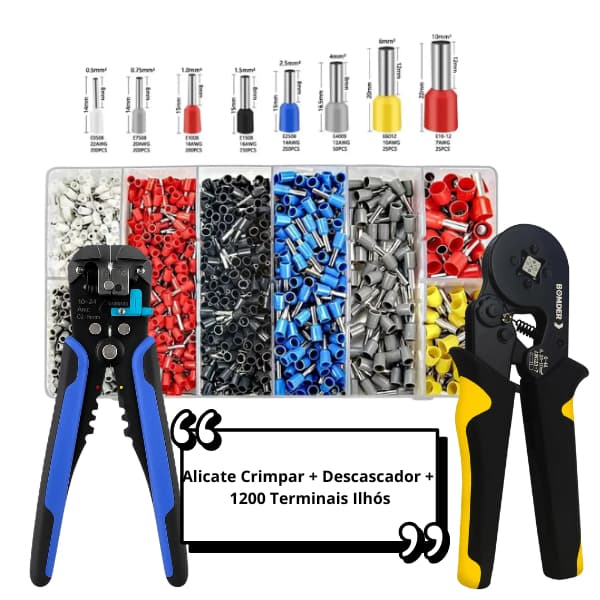 Kit Eletricista Profissional 3 Peças Alicate Catraca + 1200 Terminais Ilhós + Decapador Automático