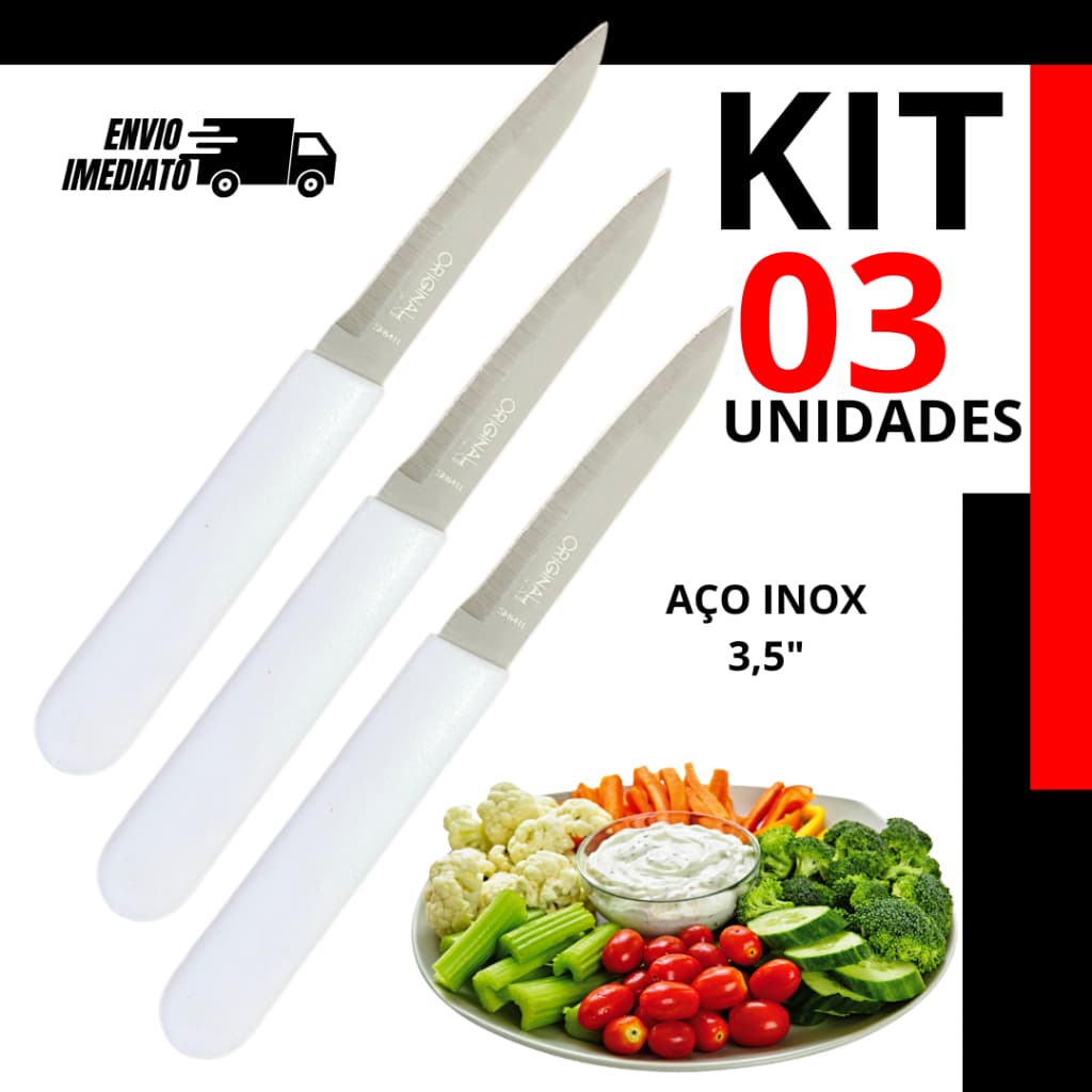 Faquinha Premium Aço Inox Cabo Branco Kit 3 Unidades Cozinha Completa 18,5cm  Corta Legumes Carnes