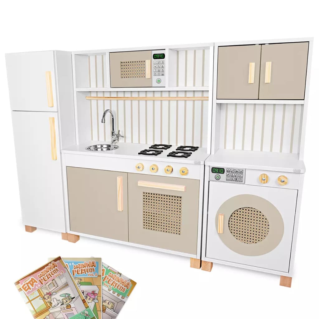 Cozinha Infantil Retro Geladeira Máquina Lavar Madeira Faz de Conta Chef Brinquedo Pedagógico Lúdico Kit Livro Educativo