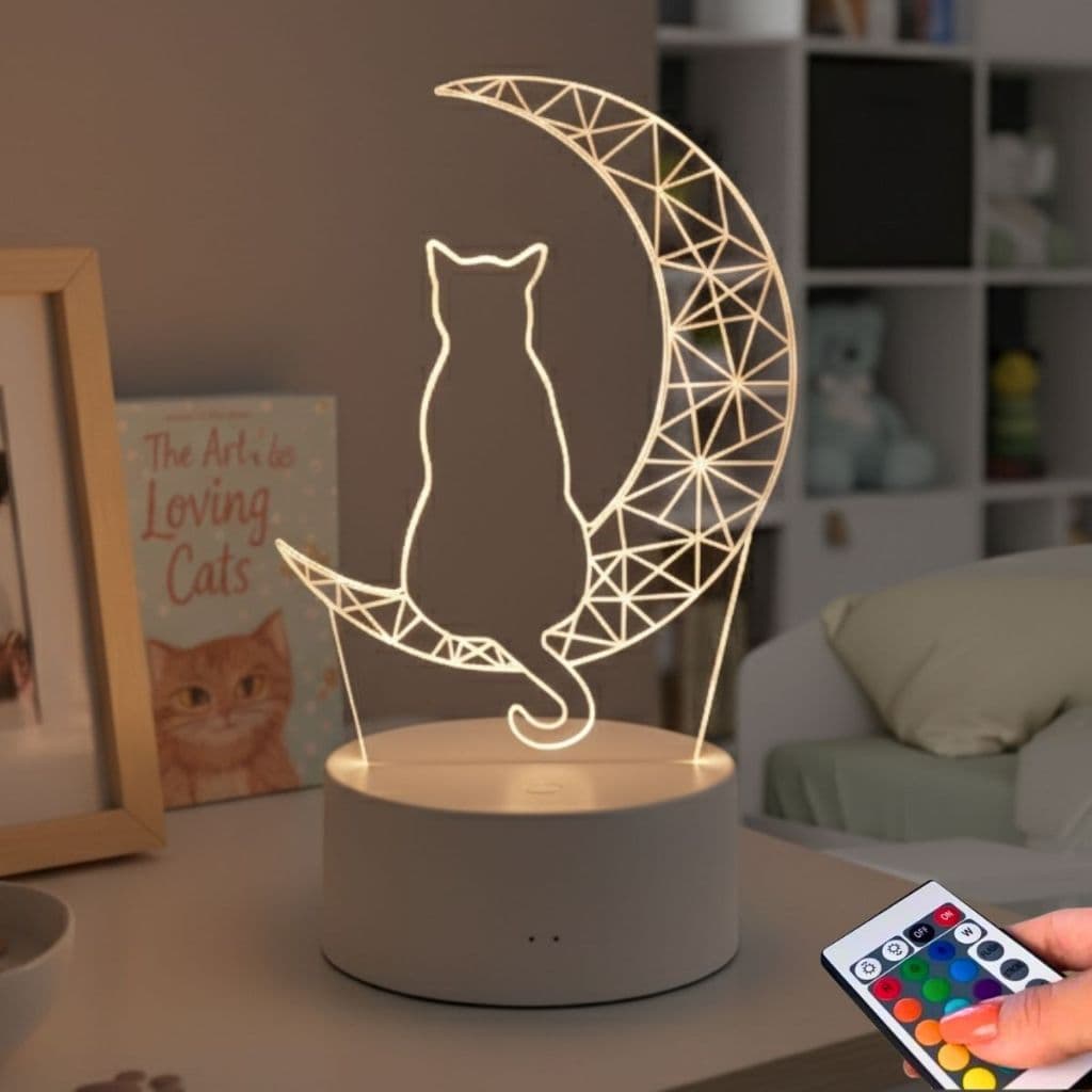 Abajur Luminária Gatinho na Lua Decoração Para Quarto Infantil Menina Para Presente