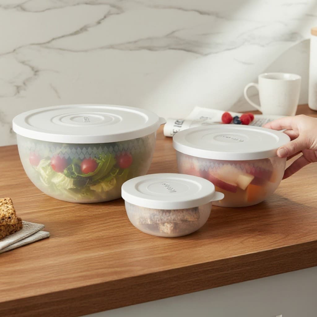 Kit 3 Tigelas Bowls Policarbonato com tampa - 220ml 700ml e 2L Cozinha Servir e Armazenar