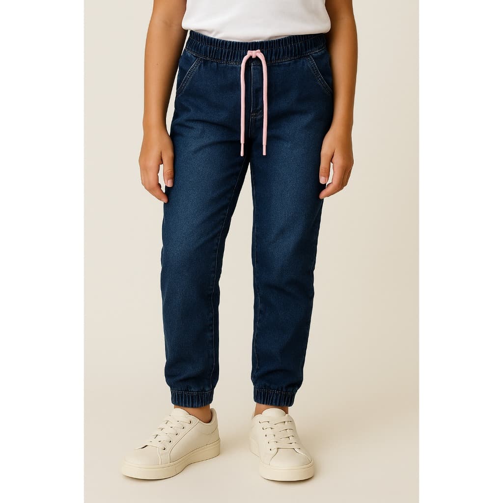 Calça Jogger Jeans Médio Infantil Feminina Premium com Cós Elástico e Cordão