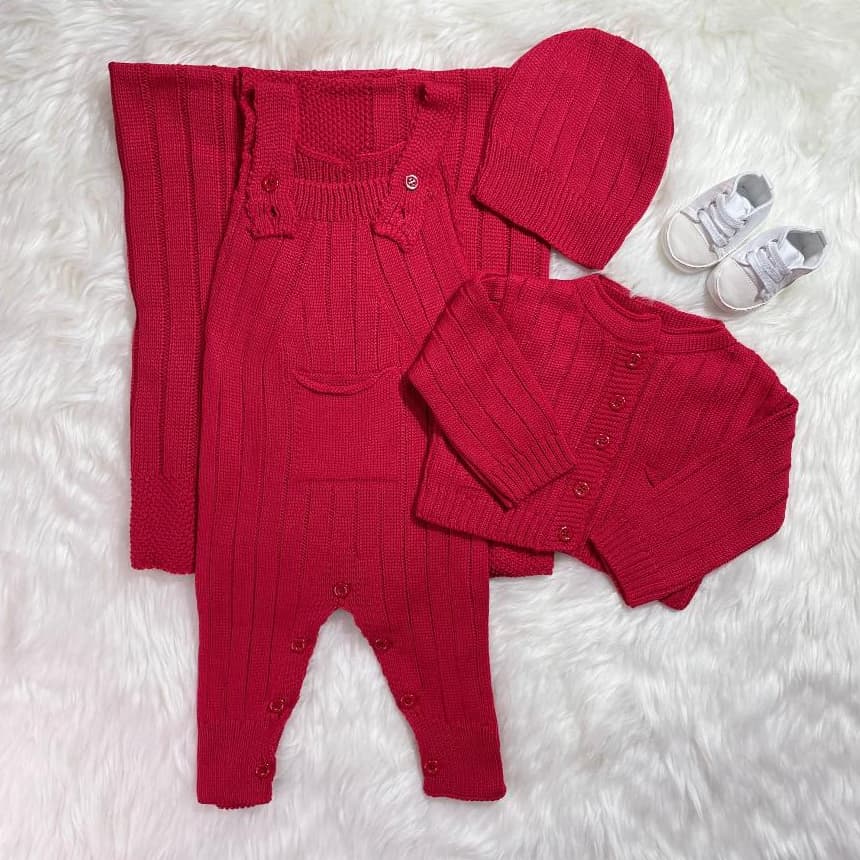 Kit saída maternidade em trico jardineira casaco manta e touca menino/menina 4 peças