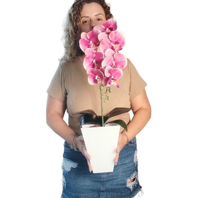 Arranjo de orquídea realista silicone 3D grande em vaso de vidro branco leitoso