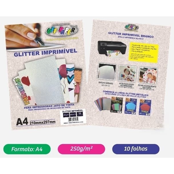Papel Glitter Imprimível A4 250g 10 Folhas