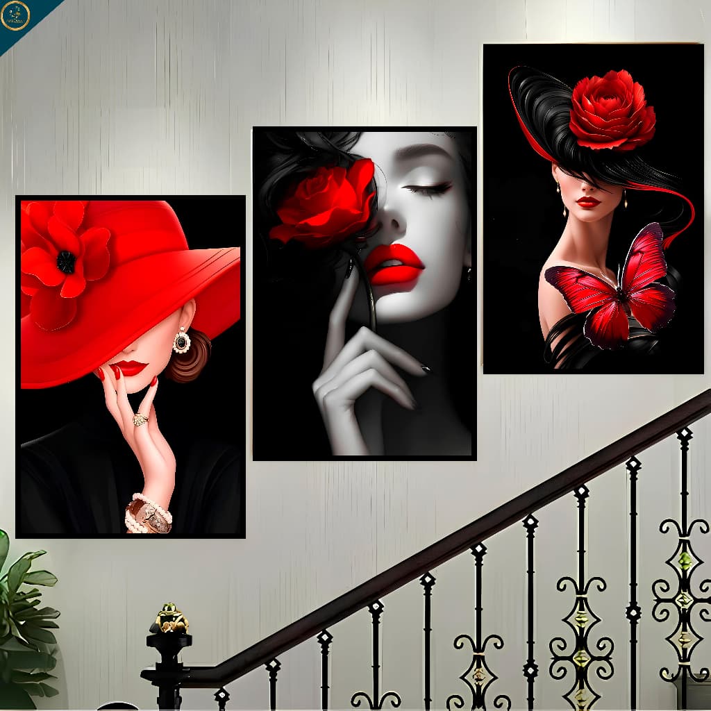 Quadros Decorativos Luxo Mulher com Rosas e Borboleta Moderno Para Sala Quarto Hall Escritório