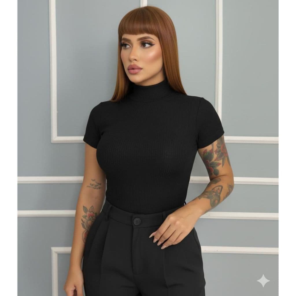 Body Feminino Canelado Gola Alta Manga Curta Casual Elegante