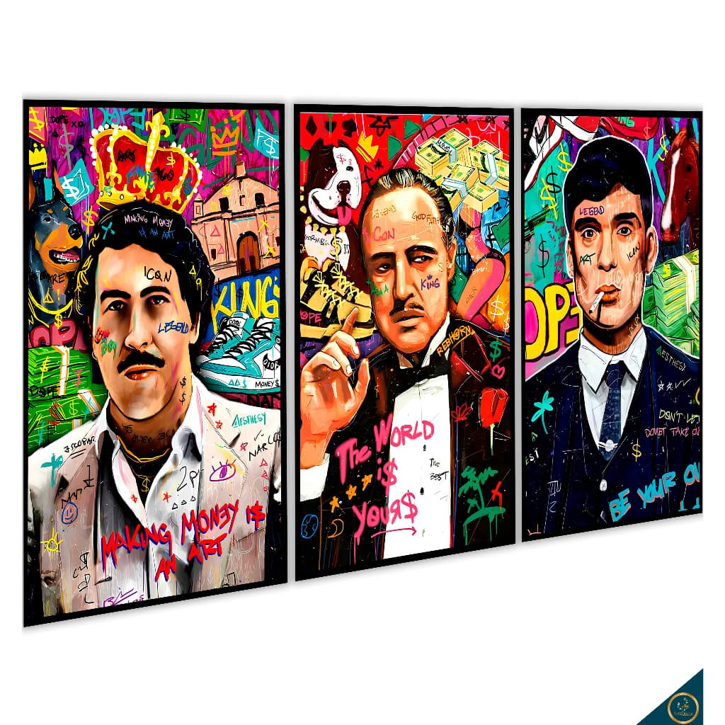 Quadro decorativo 3 peças Peaky Blinders Pablo Escobar Poderoso chefão abstrato moderno decoração casa sala quarto hall