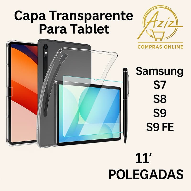 Kit Completo Capa Transparente Anti Shock p/ Samsung Tab S7/S8/S9/S9 FE 11” + Película + Caneta 2 em 1 (Escreve e Touch)