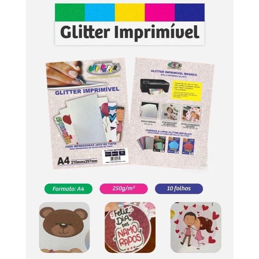Papel Glitter Imprimível A4 250g