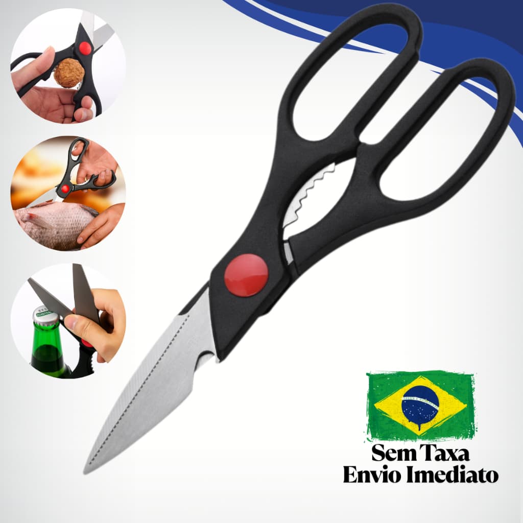 Tesoura de Cozinha Cortar Frango 3 em 1 Aço Inox Abridor de Garrafas Culinária