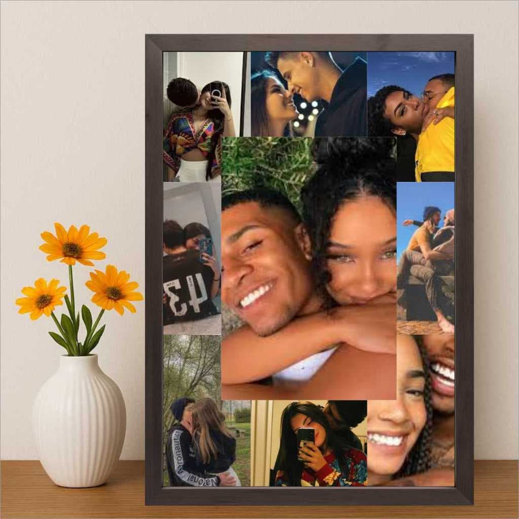 Quadro Personalizado com 9 fotos de Casal para Dia dos Namorados Tamanho A4 Com Moldura e acetato