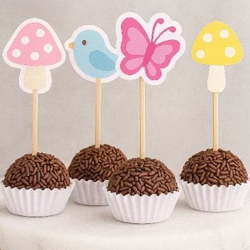 Kit Toppers de Docinho Jardim Encantado- Topo de Brigadeiro - Decoração de Mesa Jardim Encantado - Borboleta, Passarinho