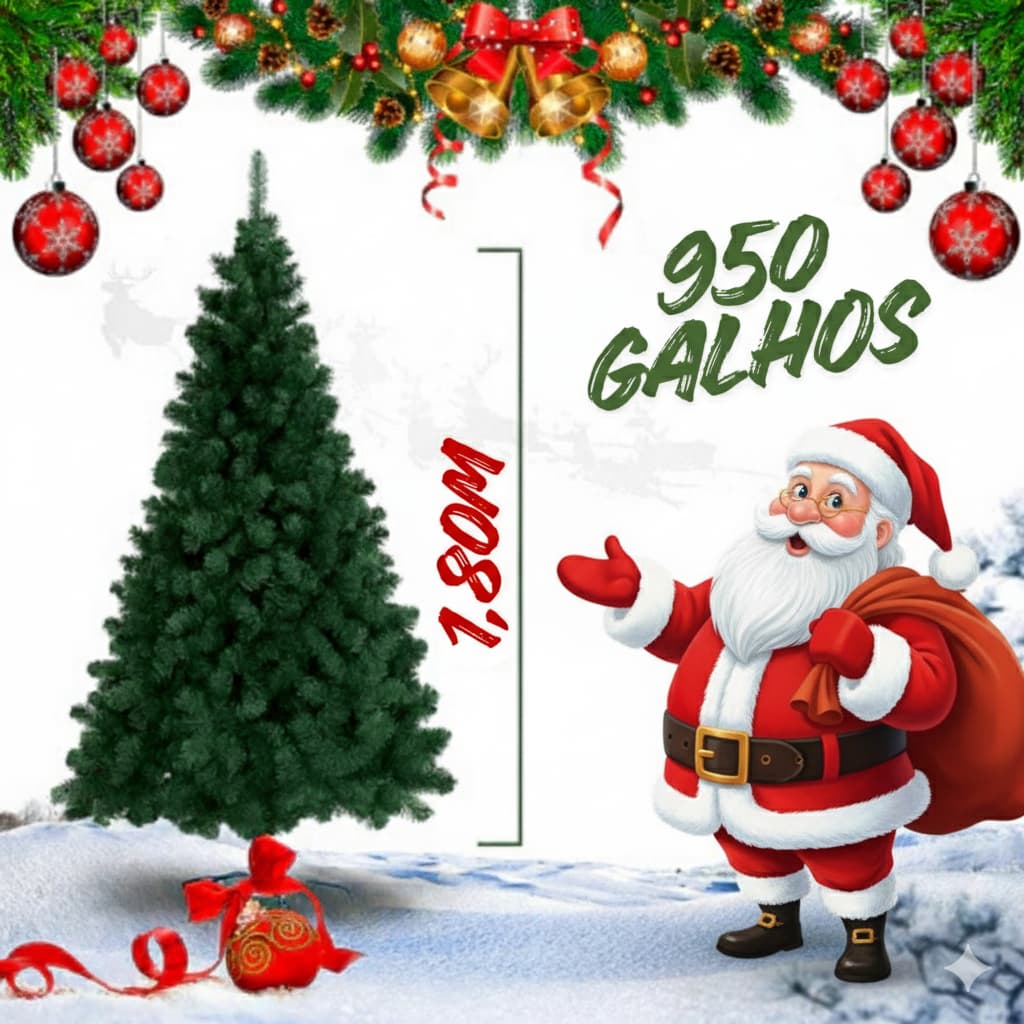 Árvore de Natal Grande Luxo Desmontável 1,80 Metro com 950 Galhos e Base de Ferro