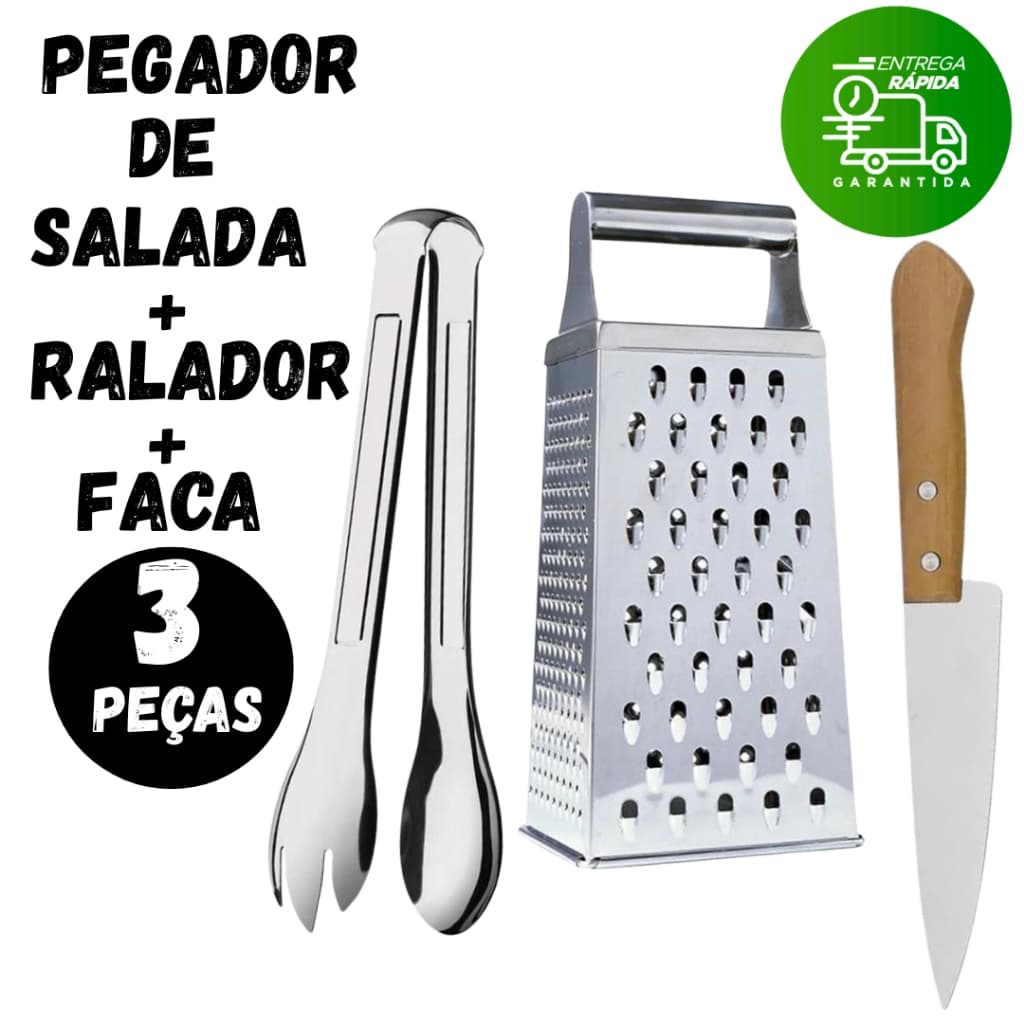 Kit 3 Utensílios para Cozinha Inox Pegador Ralador e Faca 6" Cozinha Restaurante Bar Buffet Eventos