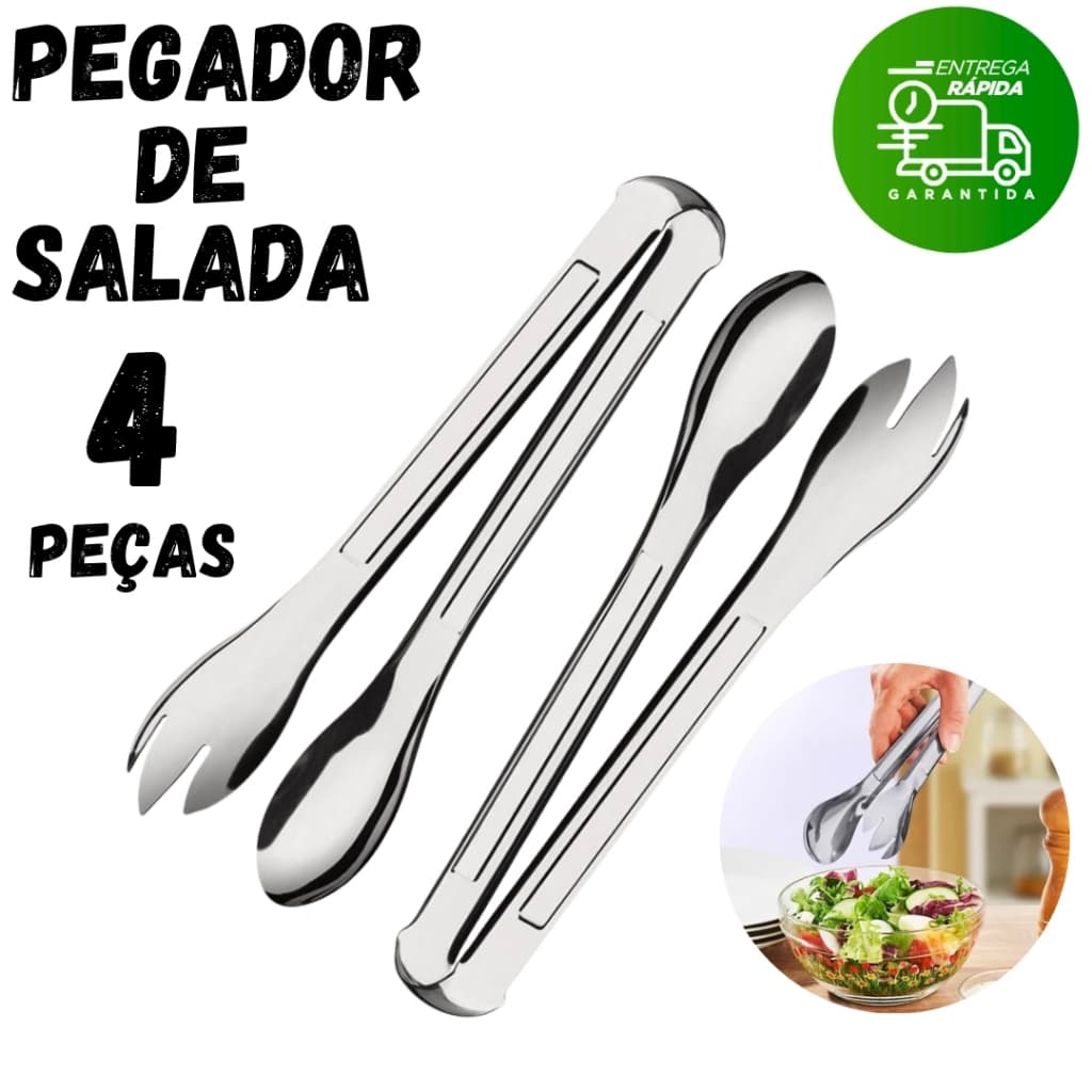 Jogo 4 Pegador Inox para Salada Universal para Massa Churrasco Carne Cozinha para Restaurante Bar