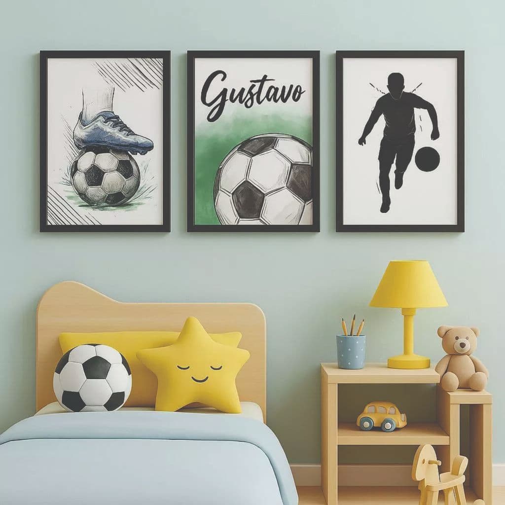 Quadro decorativo 3 peças Personalizado + Brinde com nome futebol jogador decoraçao quarto menino