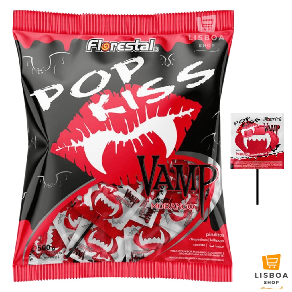 Pirulito Halloween Vampiro Pop Kiss Morango 500g C/50 unidades - Florestal