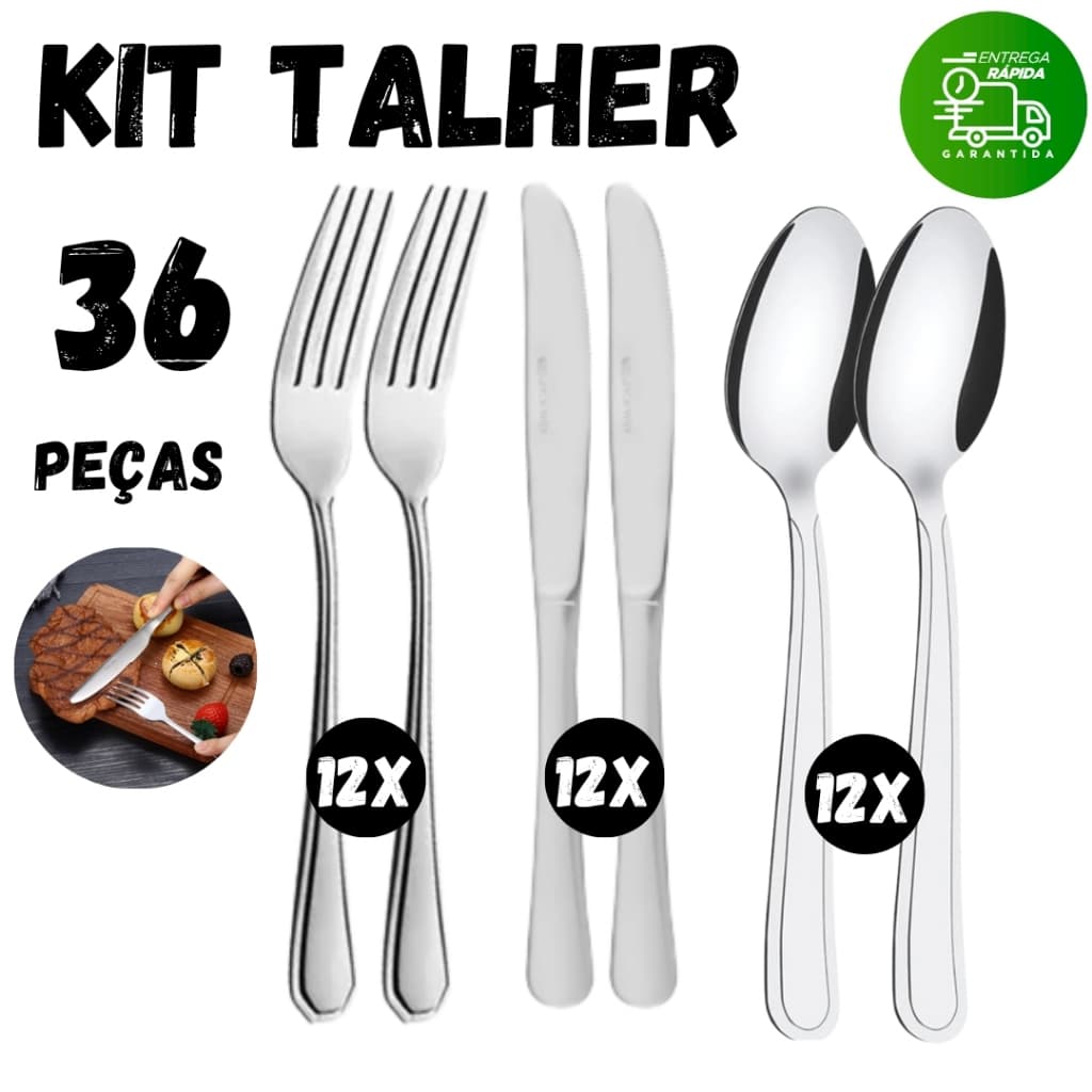 Jogo 36 Peças Garfo Faca Colher Talher Aço Inox Grande Luxo Cozinha Bar Restaurante Buffet Faqueiro