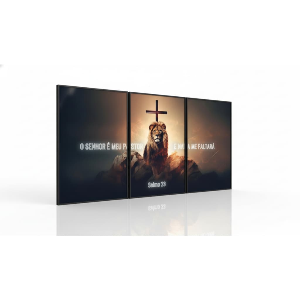 Quadros decorativos Leão Cristão Salmo 23 Religioso (3 peças)
