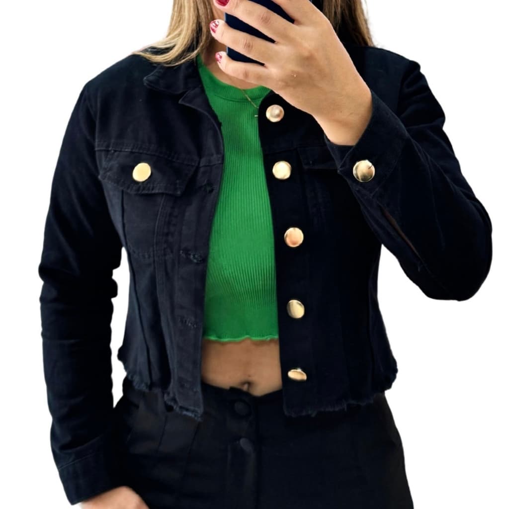 Jaqueta Jeans Preta Feminina Botões Dourados