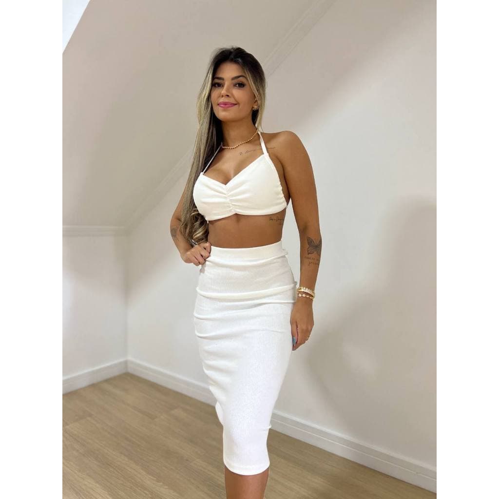 Conjunto Babi saia midi com top franzido cropped com saia moda feminina verão conjunto Babi Lápis