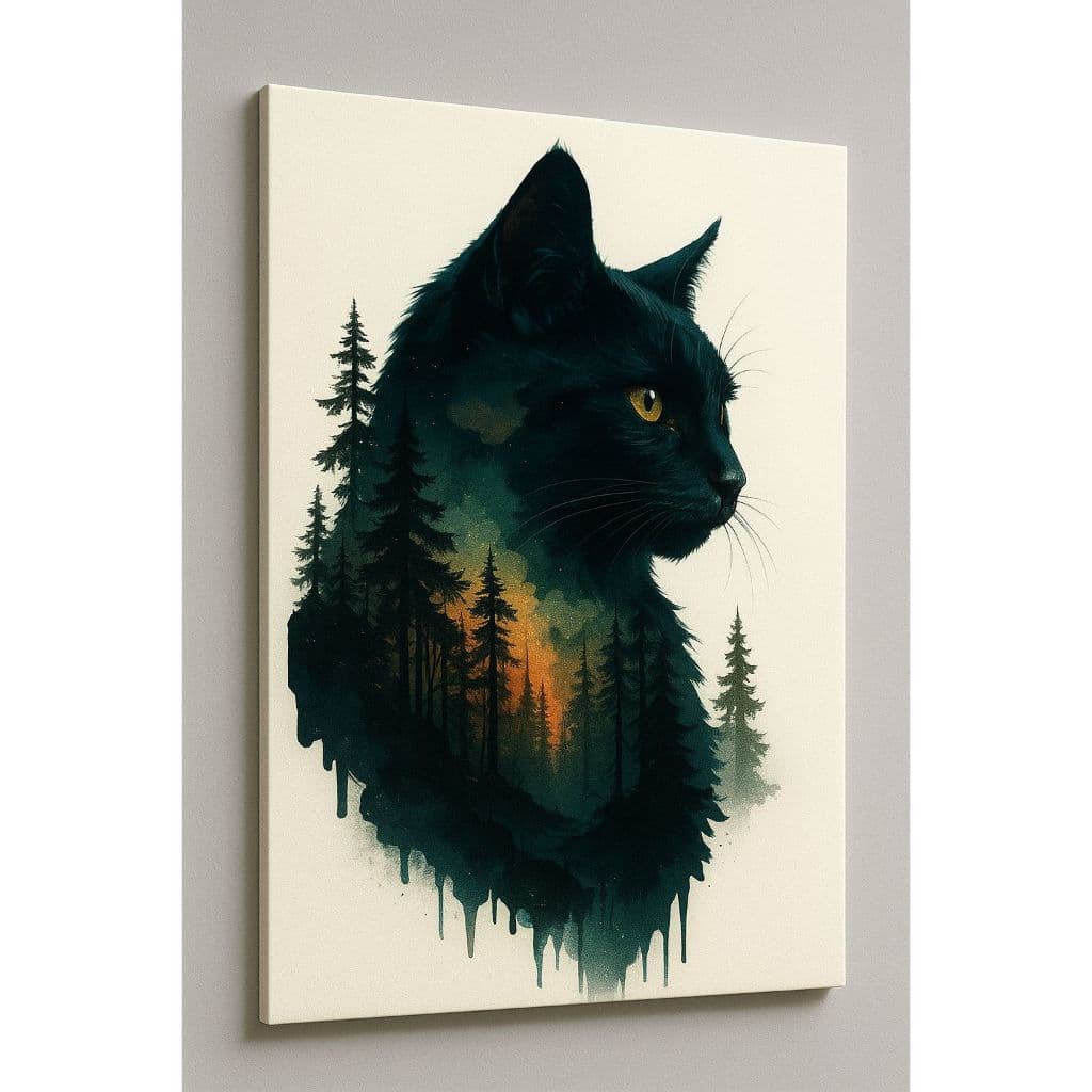 Quadro Decorativo Abstrato Moderno Gato Preto & Silhueta da Floresta