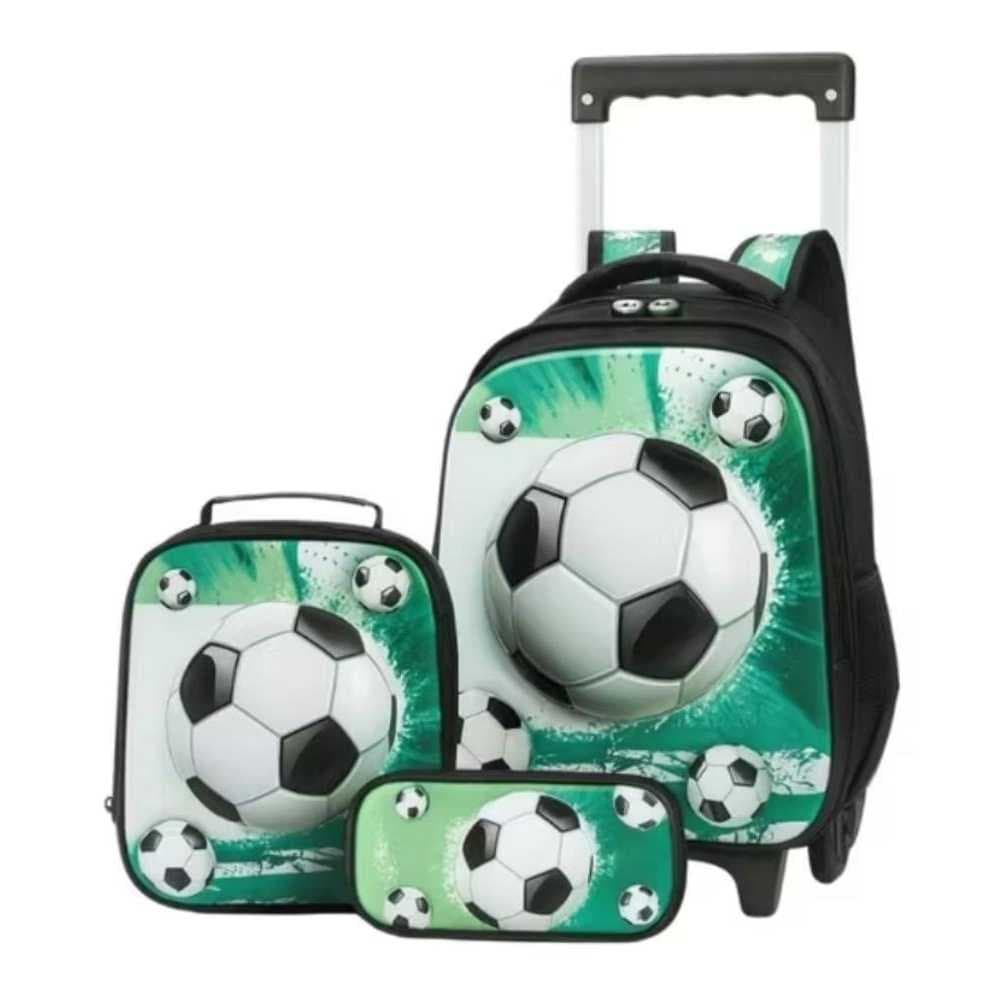 kit Mochila Escolar Rodinha Reforçada 3D Alto Relevo Bola de futebol