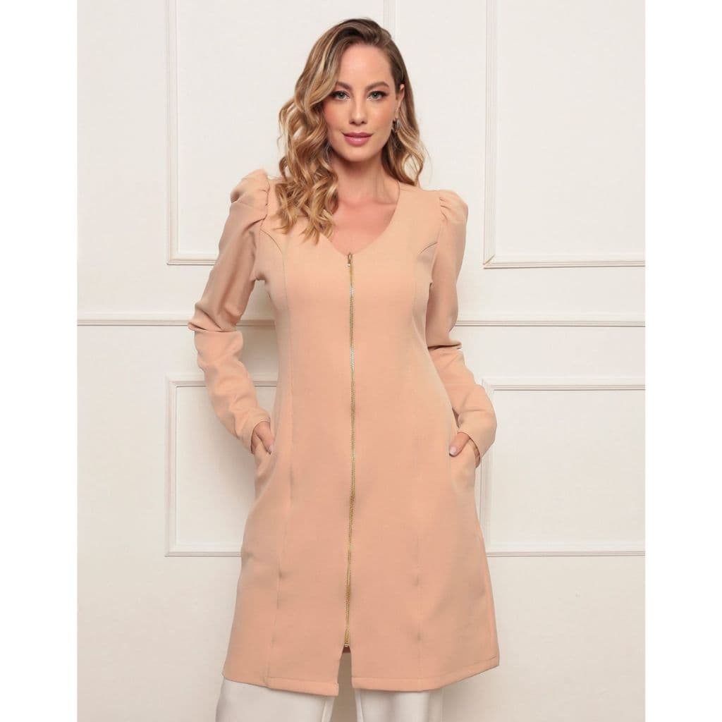 Jaleco Feminino Decote V com ziper manga bufante elastano Gabardine Bege Sweet Gardenia Jalecos