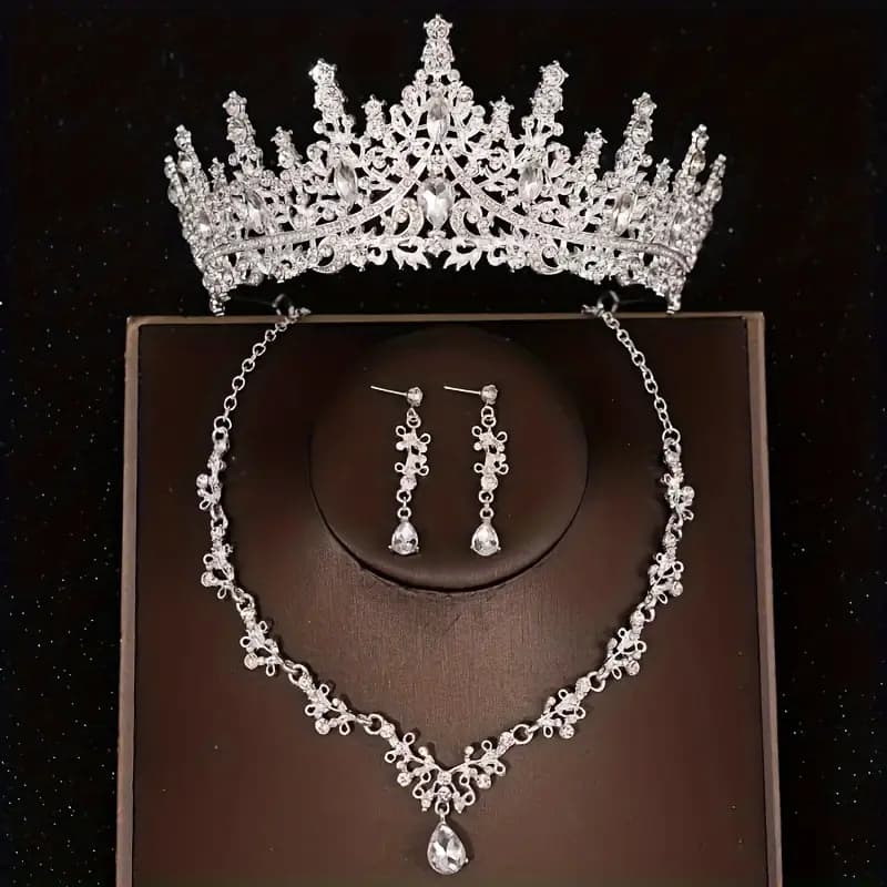 Elegante Conjunto de Joias Nupciais de 3 Peças com Coroa de Strass, Colar & Brincos PRATA -  PARA Casamento em Liga