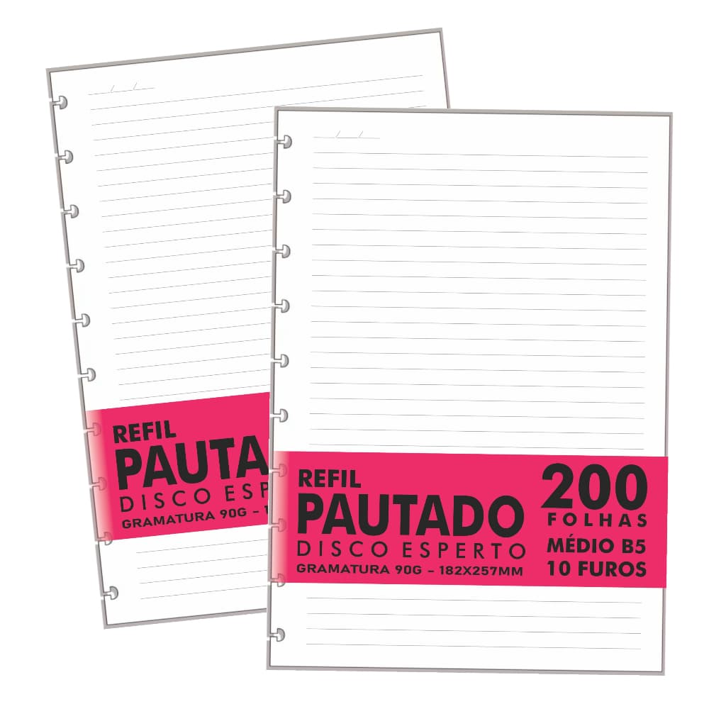 Refil Genérico Pautado Compatível Cadernos de Discos 200 Fls e Inteligente Colegial Médio B5 10 Furos 90g