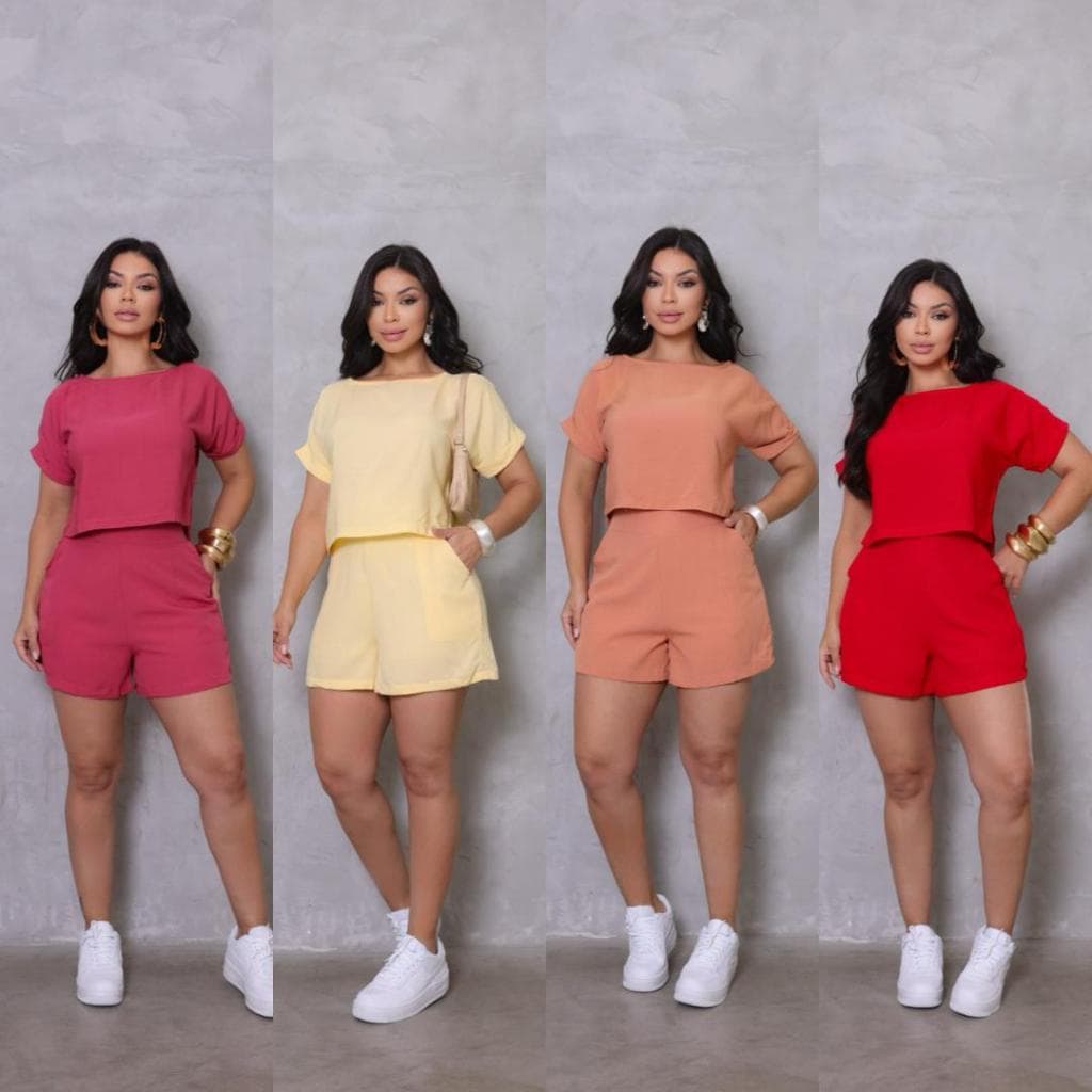 Conjunto Feminino Alfaiataria Cropped e Shorts Cintura Alta com Elástico Moda Feminina Elegante Casu