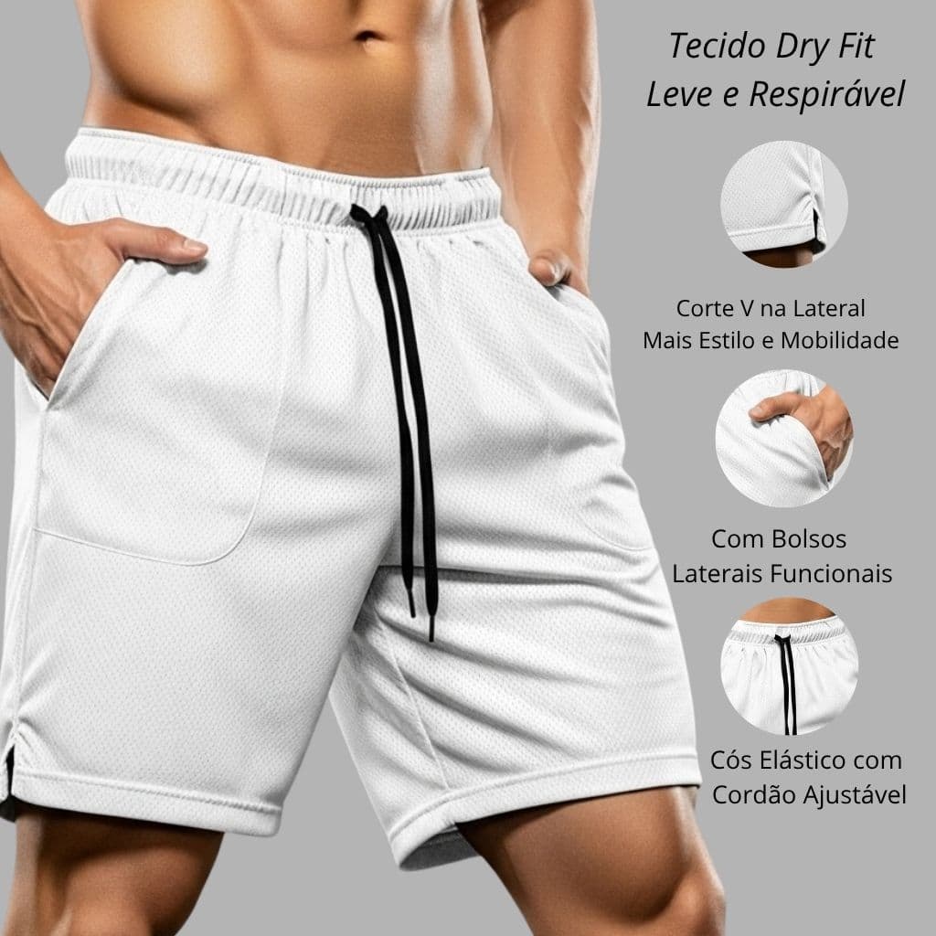 Shorts Masculinos Dry Fit com Bolso e Corte V Lateral Secagem Rápida