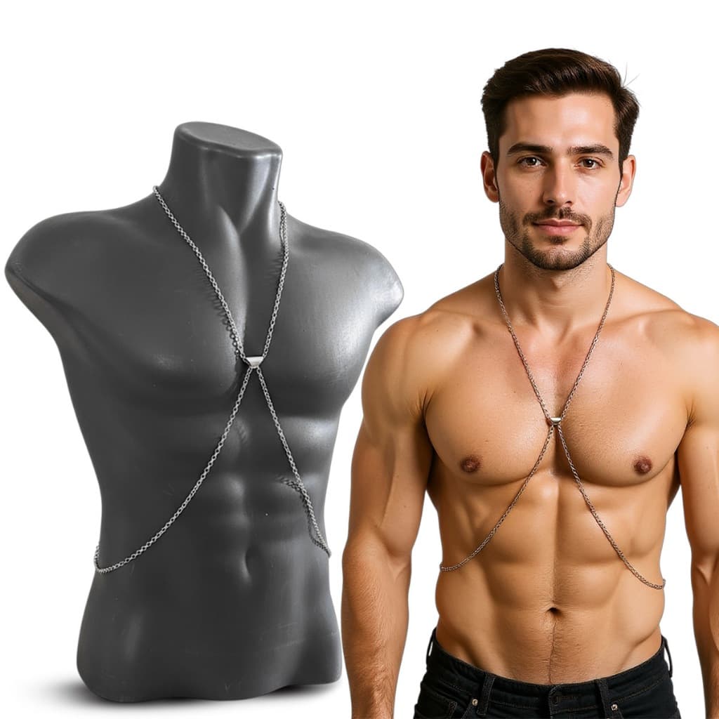 Body Chain Masculino Premium Prata Aço Zamac Colar de Corpo Homem