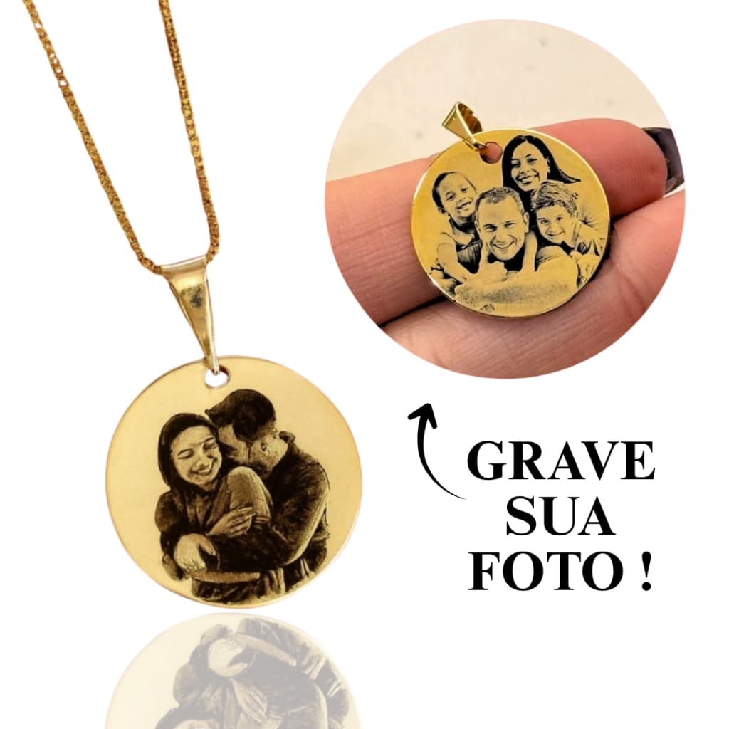 Colar Personalizado Medalha 17mm Gravação Foto Frase Feminino (45cm) Banho Ouro 18k ou Prata Presente Mimo Dia Namorados