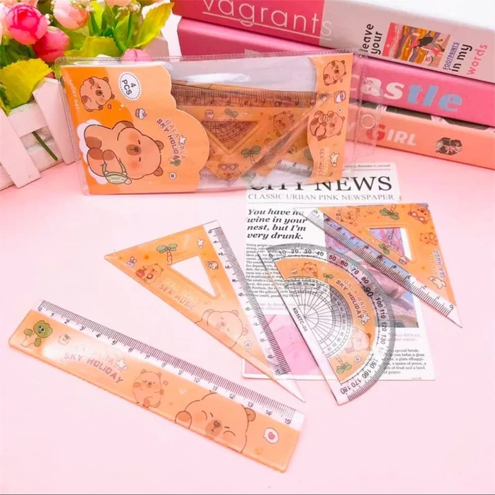 Conjunto Novo Réguas Escolares Capivara Anime Kawaii Kit Completo Régua Transferidor Esquadro Escolar/Escritório Fofo