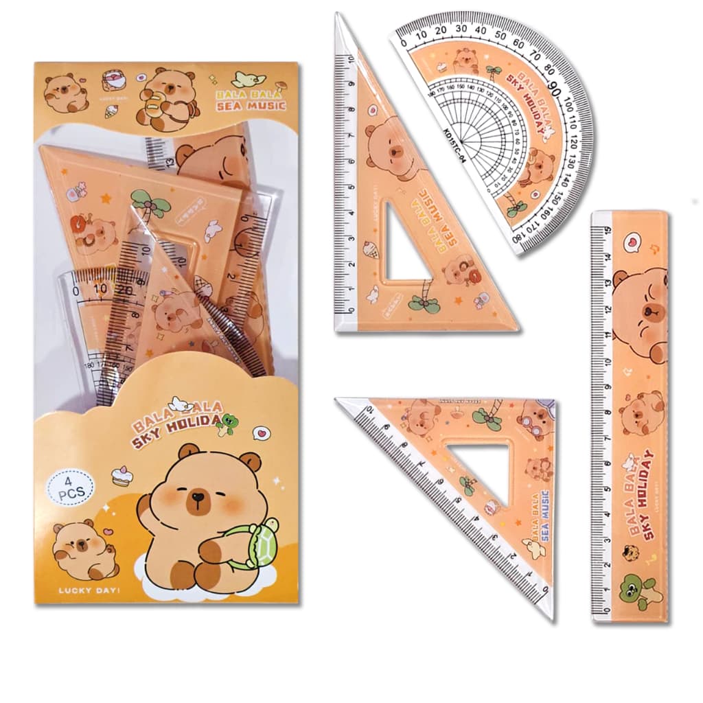 Kit 1/2/3/4 Conjunto de Réguas Escolar Capivara Kawaii Desenho Animado Régua + Esquadros + Transferidor Papelaria Fofa