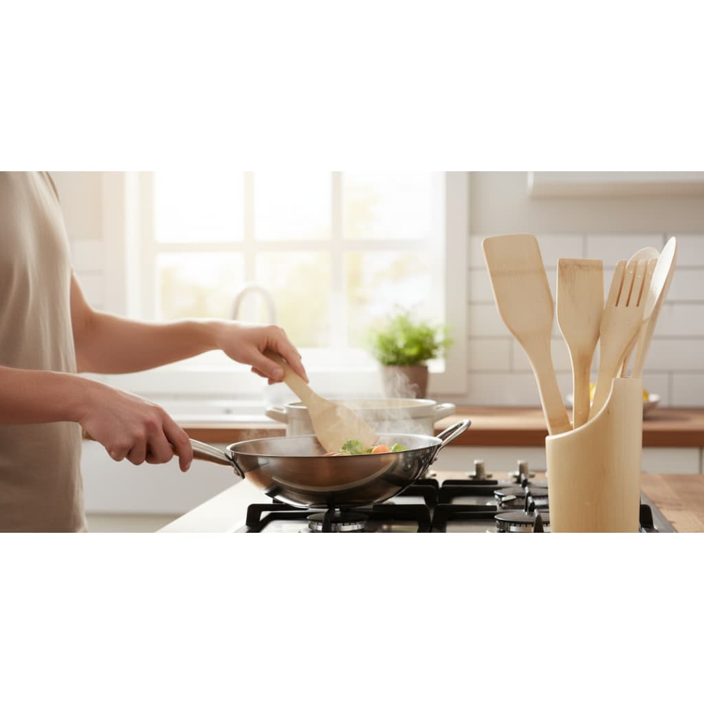 Kit Utensílios de Cozinha 5 Peças em Bambu com Cepo Organizador e Colher Espátula Garfo