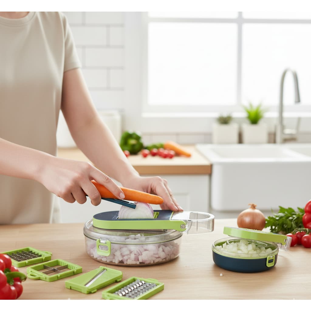 Ralador e Fatiador Multifuncional 15 Peças para Legumes e Verduras cesto Inox 7 Laminas