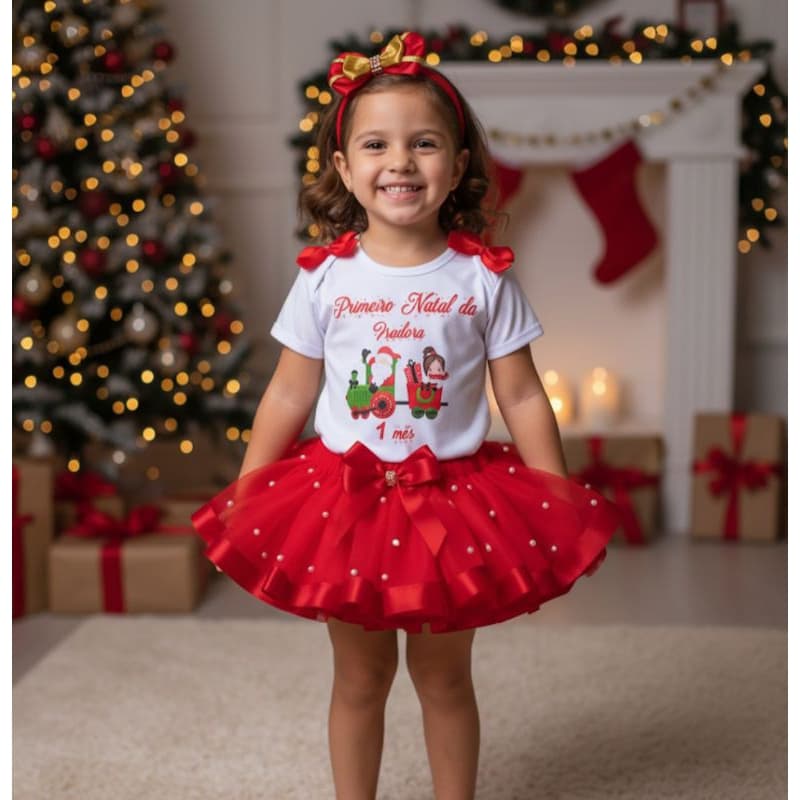 Fantasia Natal Adulto e Infantil Tamanho 6,8,10 e 12 anos conjunto Completo Body Personalizado Saia de Tutu e  Laço