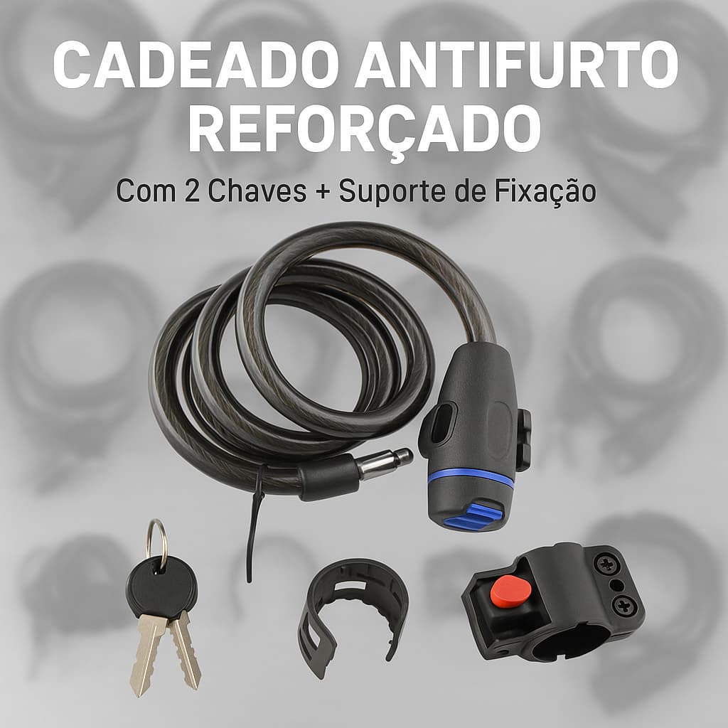 Cadeado Antifurto com 2 Chaves + Suporte | Cabo Reforçado para Bike, Moto e Patinete