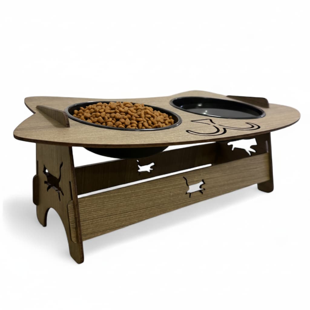 Comedouro Premium para Gatos MDF – Suporte Duplo com Tigelas de Plastico e Estilo Gatinho
