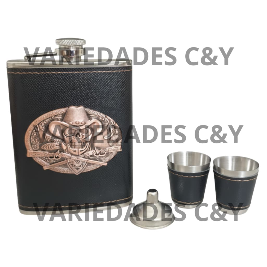 Cantil Inox e Revestido em Couro Estilo Country Caveira com 2 Copos e Funil Masculino Luxo