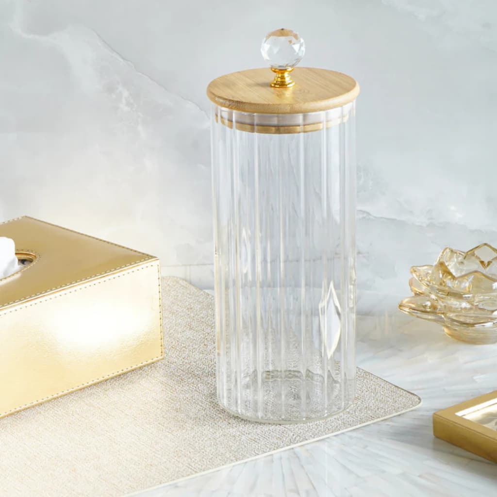 Pote CANELADO TRANSPARENTE De Vidro  Hermético Com Tampa Bambu com CRISTAL Porta condimentos para cozinha 1050ML