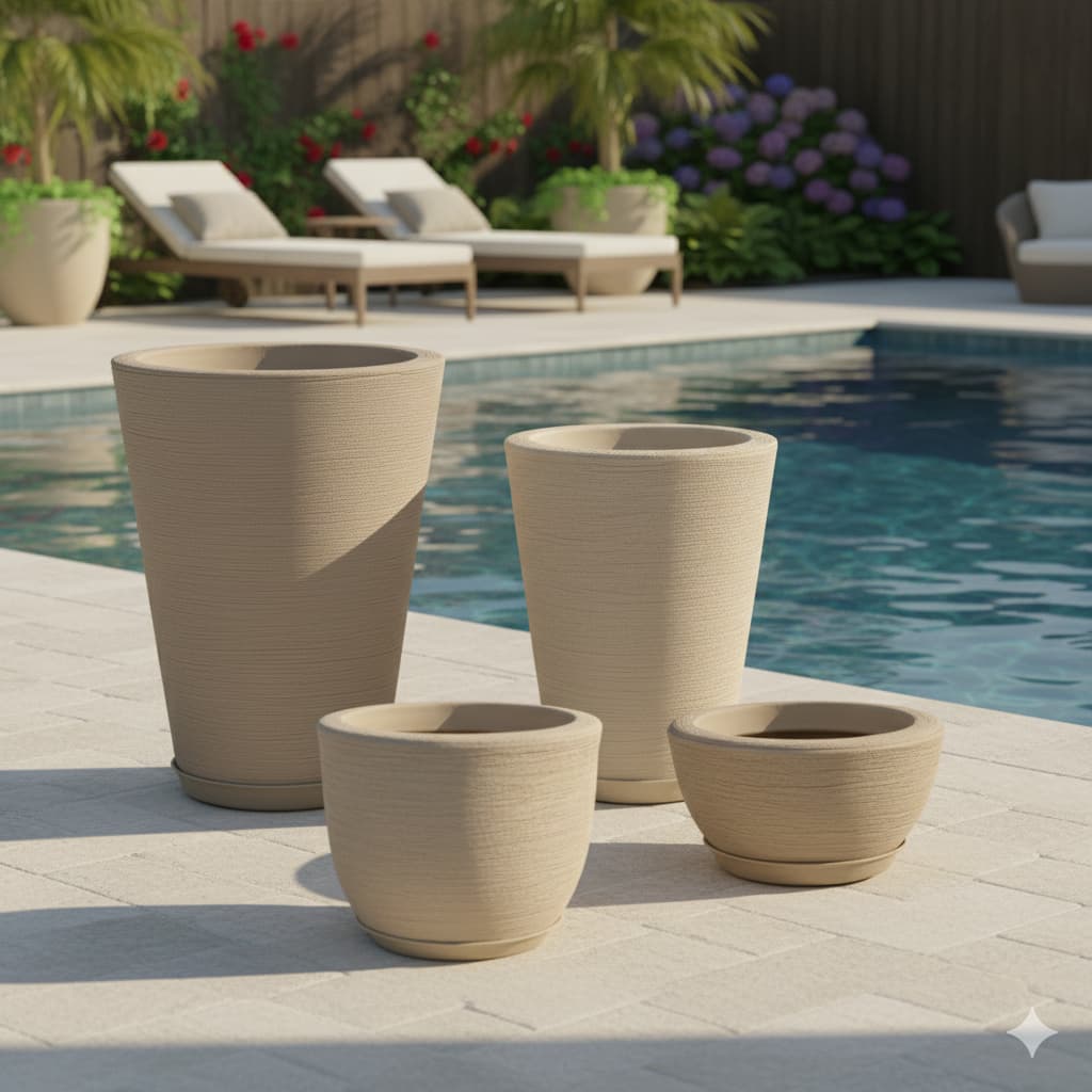 Kit 4 Vasos Polietileno Texturizados Planta, Flor, Jardim, Coluna Redonda N1 N2 + Bojo N1+ Bacia N1 com Prato