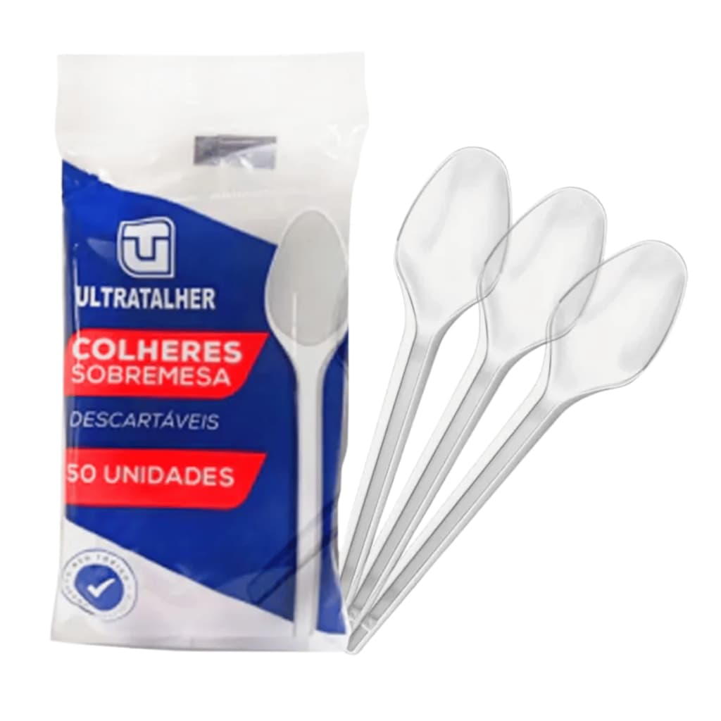 Kit 50 Colheres Descartável Sobremesa Branco Ou Cristal Reunião Festas Eventos Comemorações Trio Mix