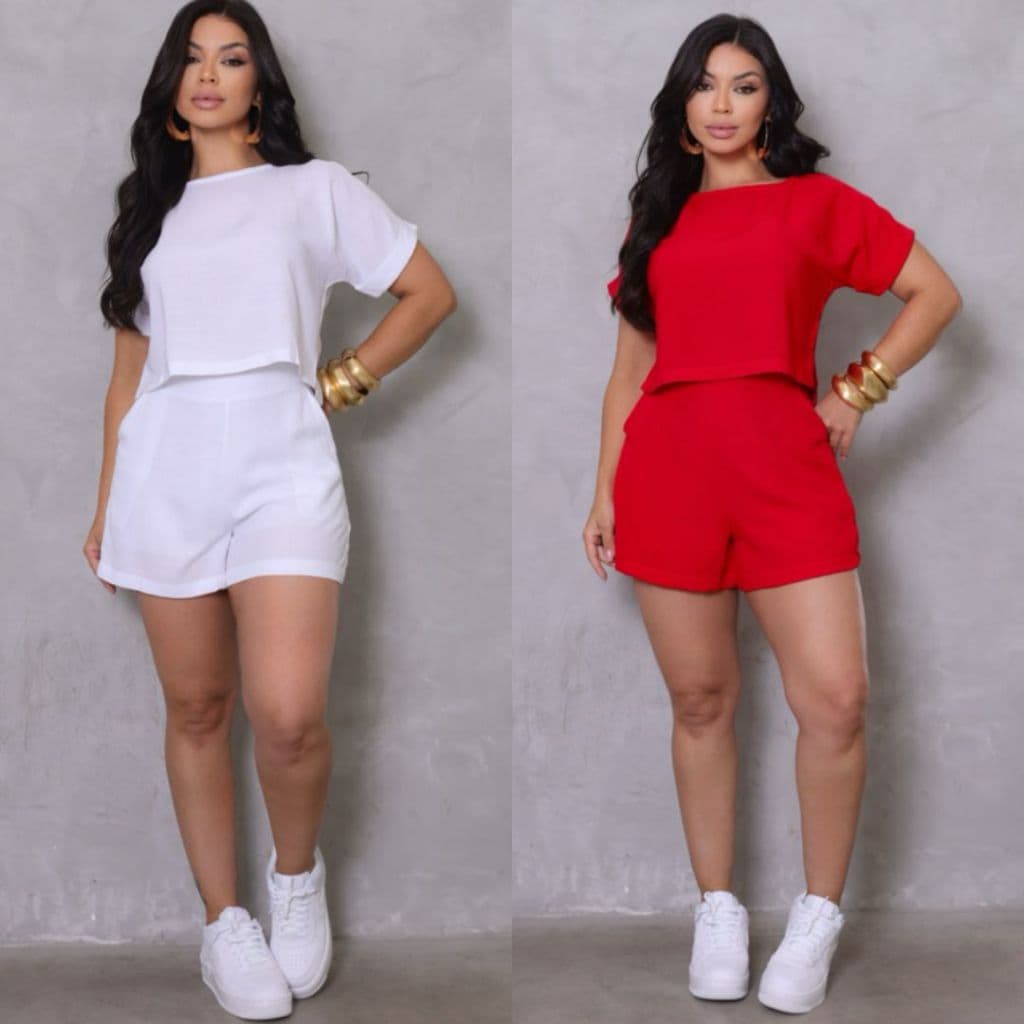 Kit 2 Conjuntos Femininos Alfaiataria Cropped e Short Cintura Alta Moda Elegante Casual Premium